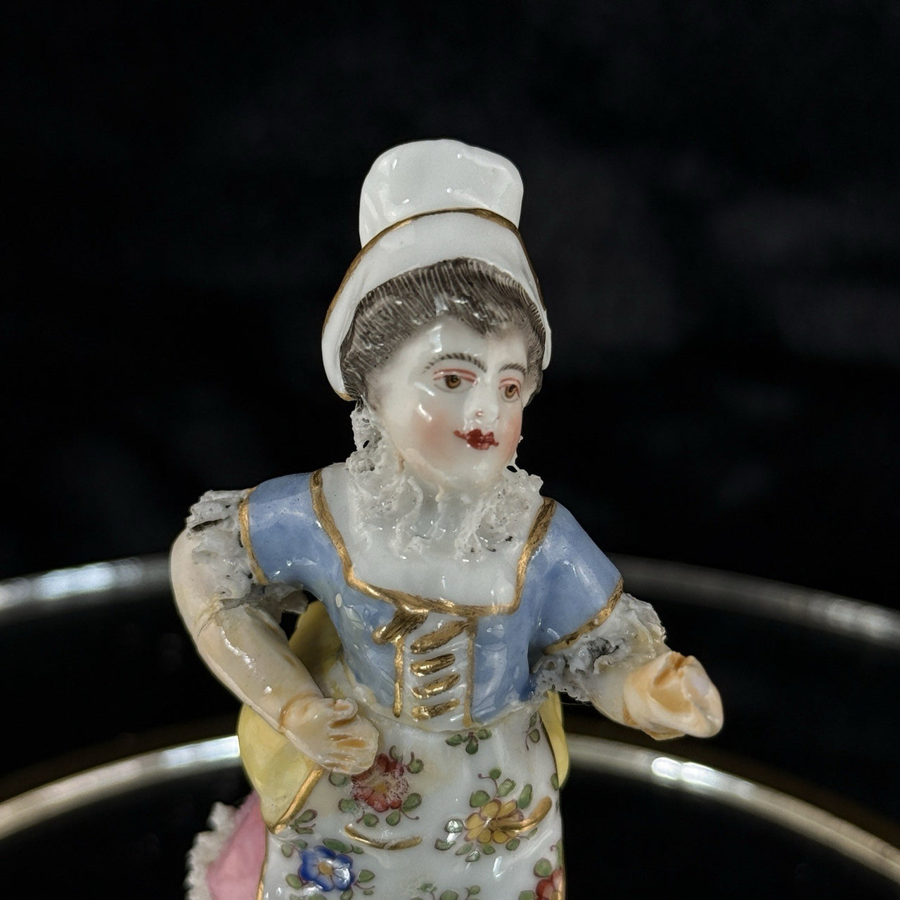 Antique German Dresden Figurine  Porcelain Woman Floral Dress Lace Trim Repaired2