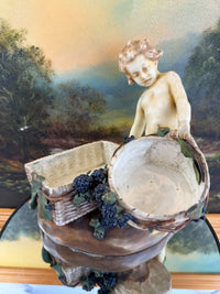 Thumbnail for Antique Putti Planter Figurine with Wicker Baskets and Berries - Majolica Style9