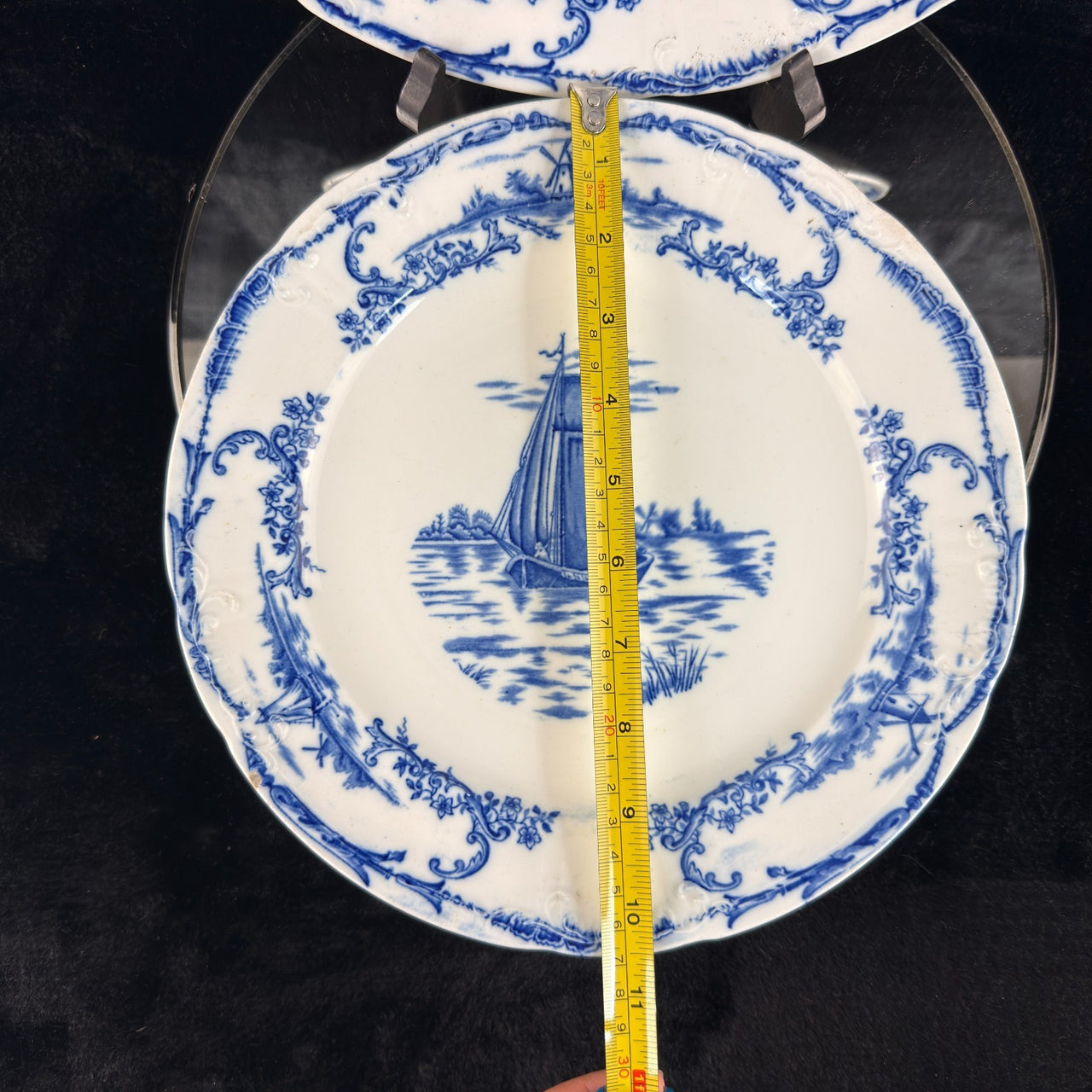 1890s plate antique Delph Blue & White Transferware Plates Sailboat Scene x2 UK16