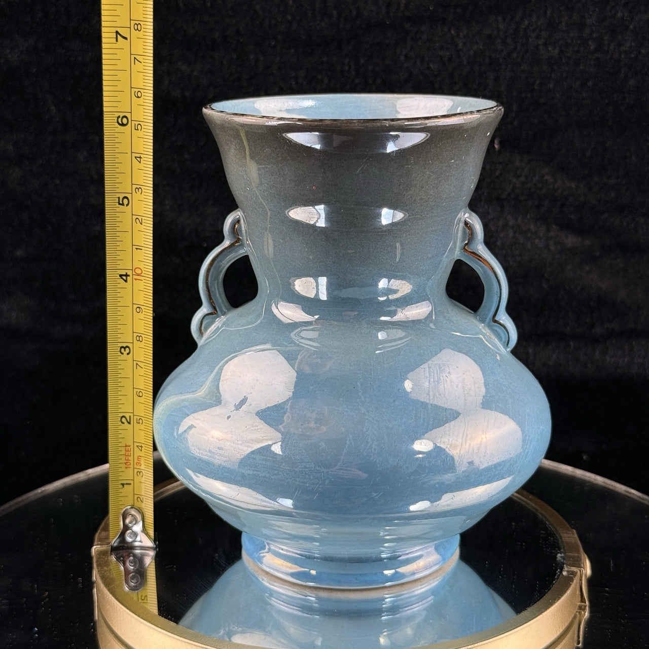 Antique Maling Vase England –Blue Glazed Handle Twin Urn Shape 6.5” decor China,10