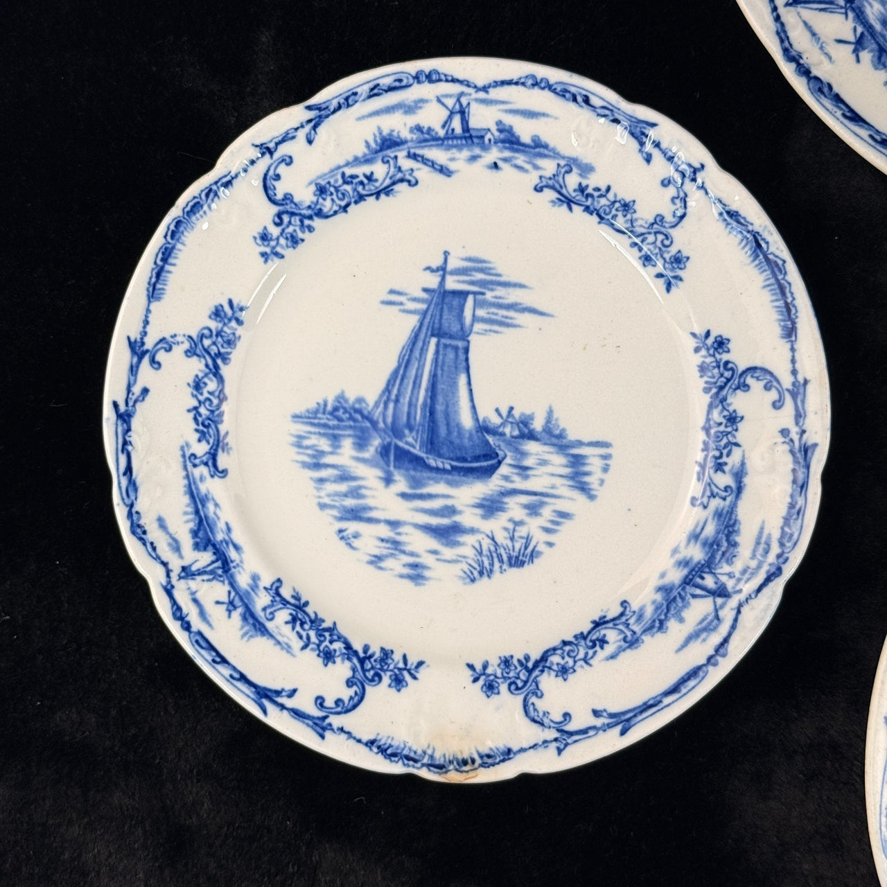 ANTIQUE Blue&White Delph Transferware Plates x3 1896 Sailboat Windmill Scene Set4