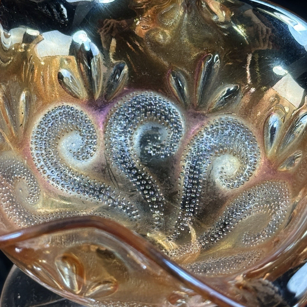 Vintage Marigold Carnival Glass Bonbon Dish Pedestal Bowl Swirl 3.5” Pattern2