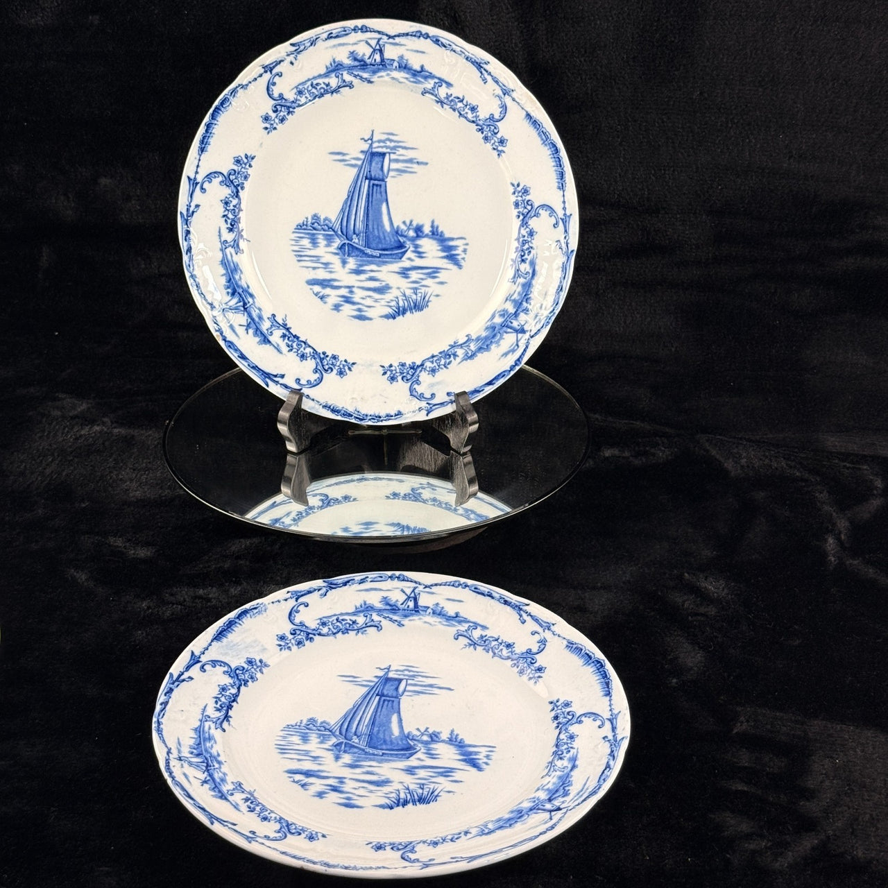 1890s plate antique Delph Blue & White Transferware Plates Sailboat Scene x2 UK8