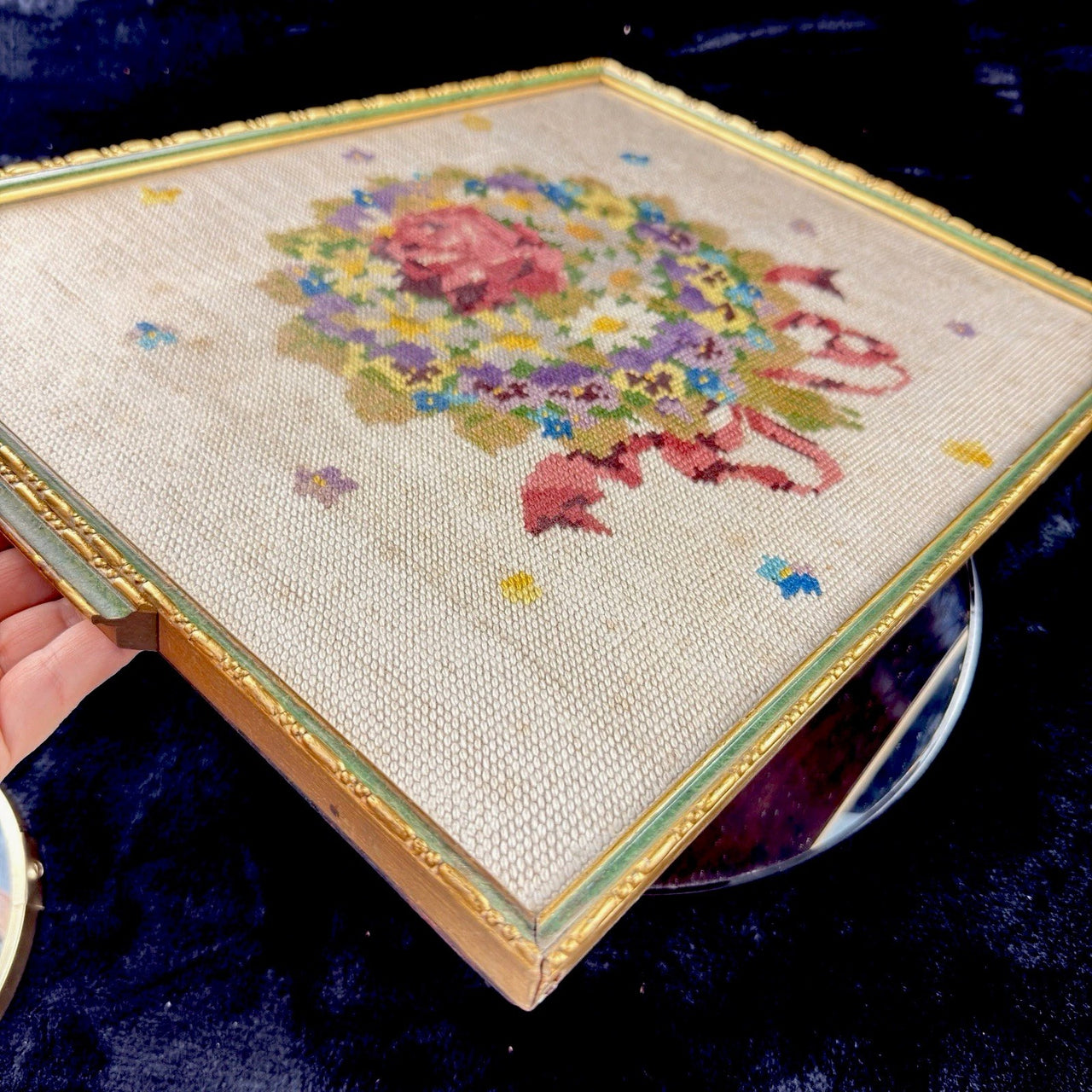 Floral Framed Needlepoint Tapestry Pink Rose Daisy Bouquet 2015” Wood Frame.12