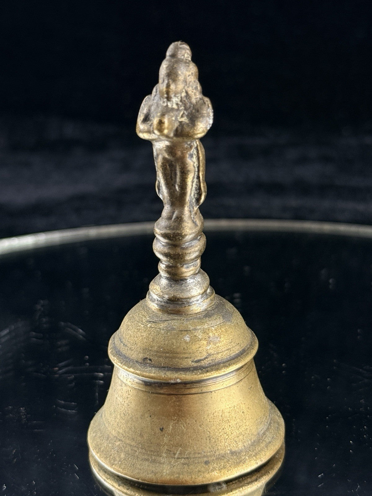 Antique Indian Puja Brass Bell 3.5â Hindu Temple Ritual Handbell Deity Handle3