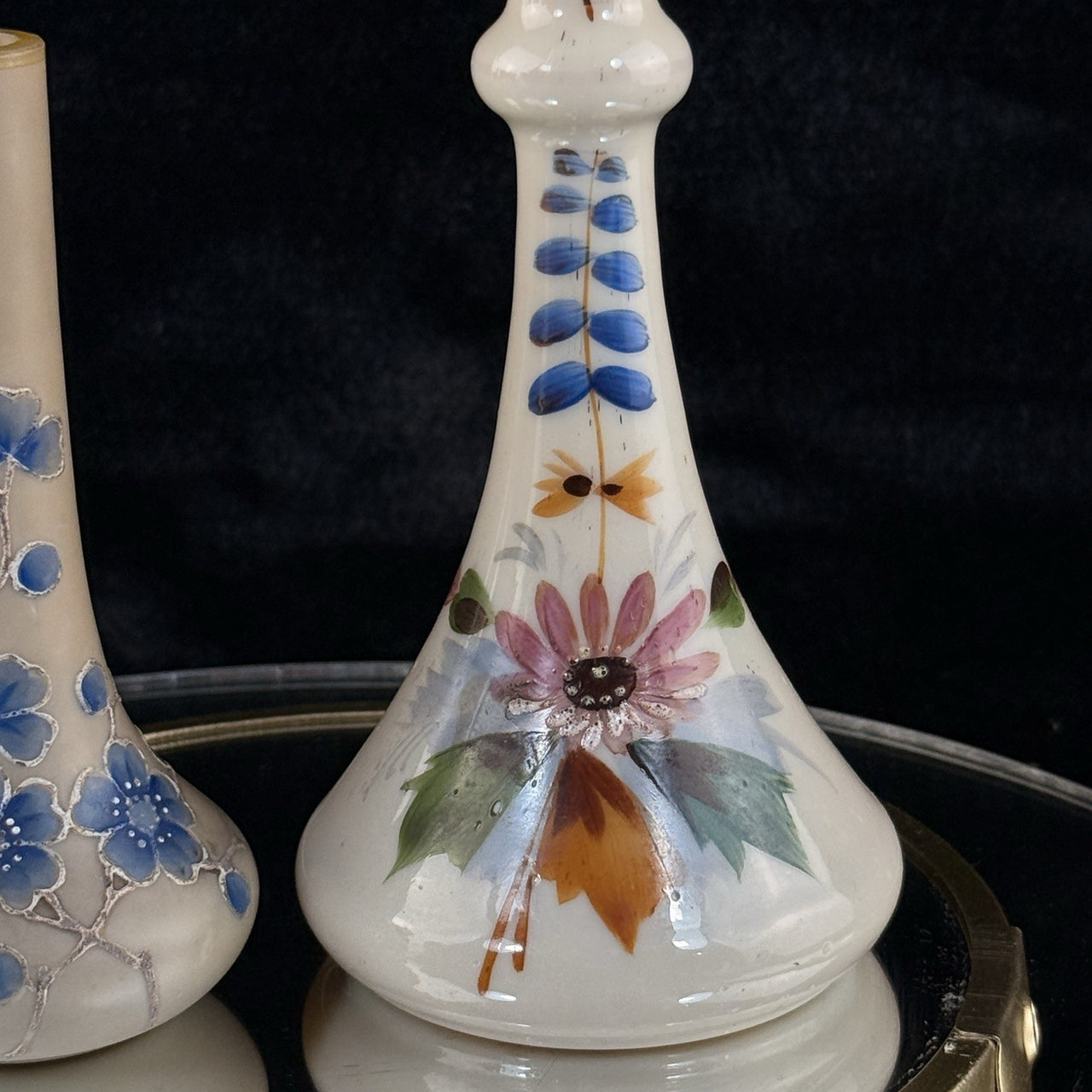 Vintageantique Hand Painted Milk Glass Bud Vase pair Floral Motif Blue Enamel2