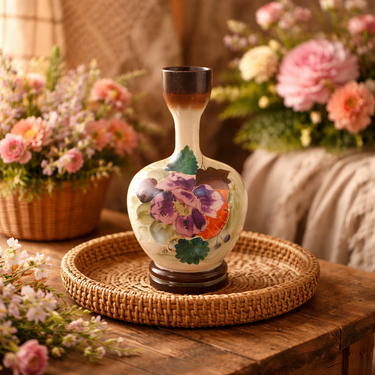 Bohemian Milk Glass Vase Floral Enamel 8” Antique Art Nouveau Style decor China0