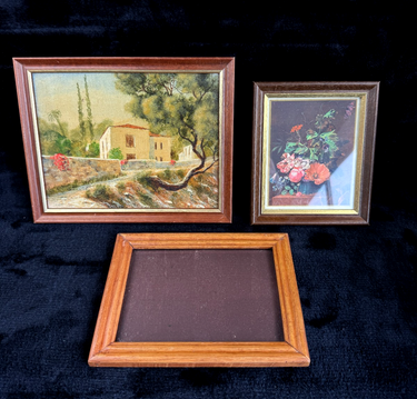 Charming Vintage MCM Still Life and Farmhouse Paintings brown wood Set of3 frame0