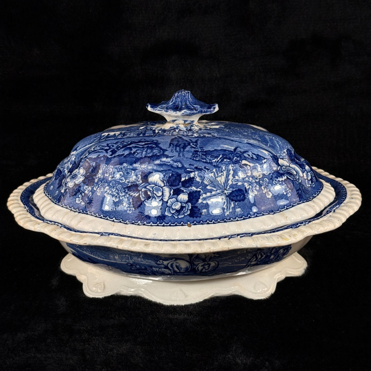 Adams Cattle Scenery Blue Transferware Tureen with Lid 11" England Ironstone0