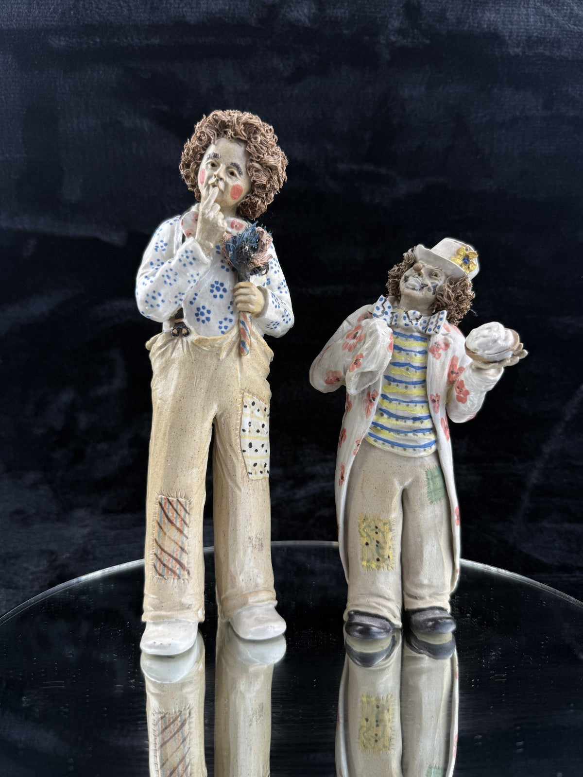 Rare Signed Art Pottery Clay Clowns Figures - Pair by JR Figurine Italy Medium d8