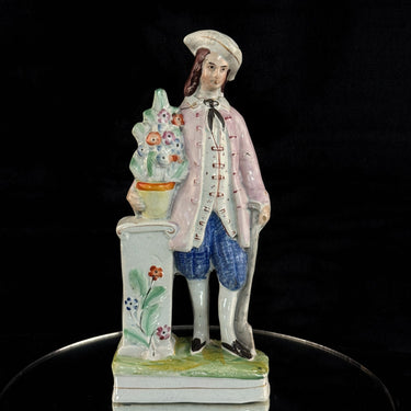 1800s antique Staffordshire Figurine Man Floral Column Pink Jacket repaired0