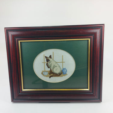 Handstitched Siamese Cat Cross Stitch Picture Beautifully Framed Needlework Art0