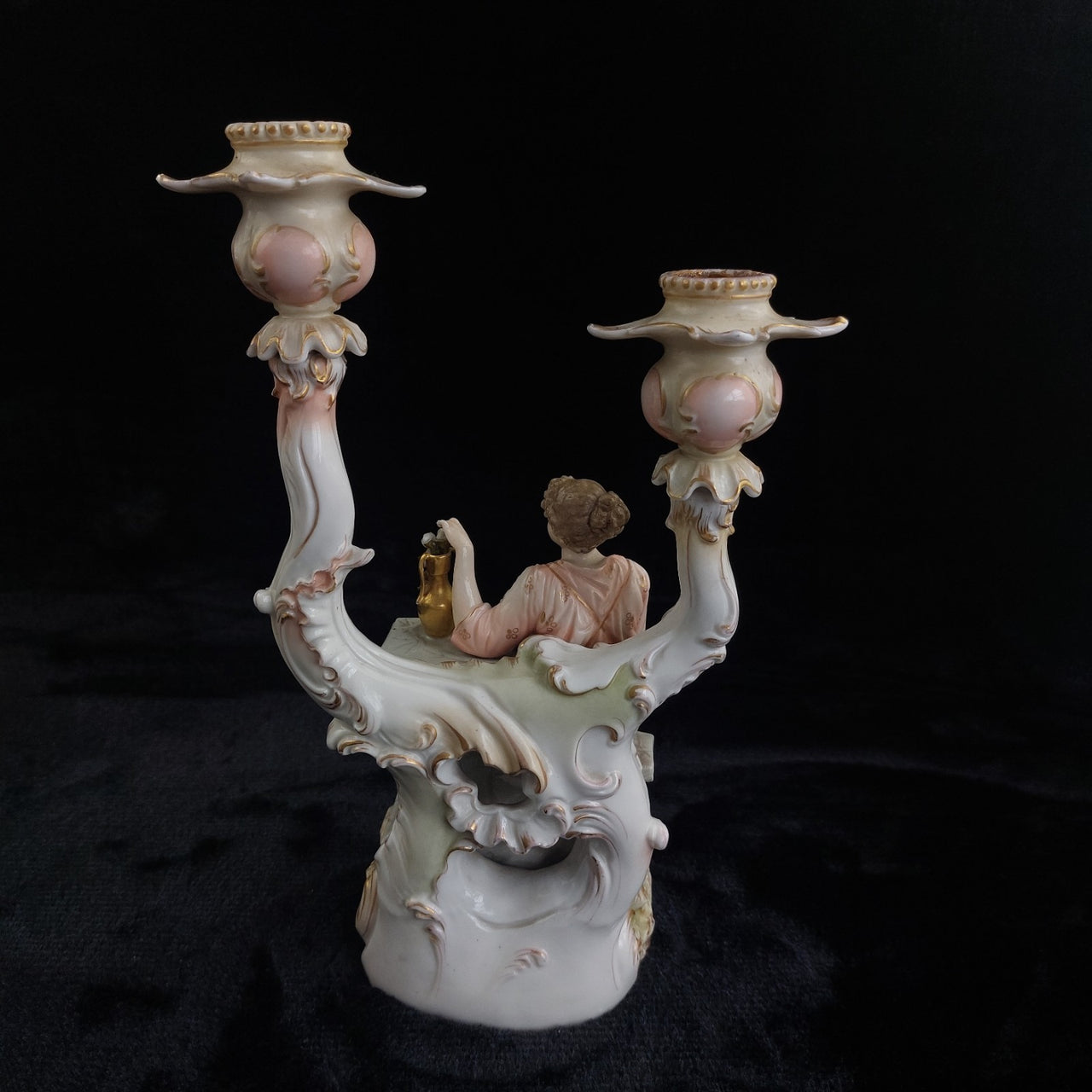 Porcelain Sitzendorf Candelabra Lady Figurine candle Gold Gilt Antique German10