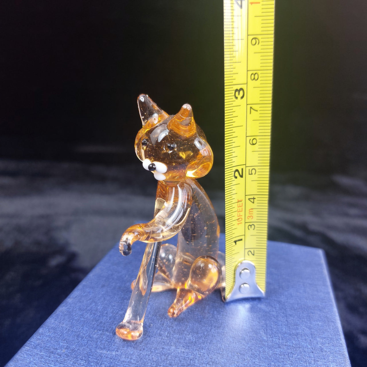 Handmade Glass Amber Cat Figurine Sitting Clear Legs 3" Animal Art Good w/ Box5