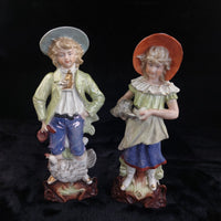 Thumbnail for Antique Porcelain Boy & Girl Figurines Pair Poultry Chicken Farmyard 10.5