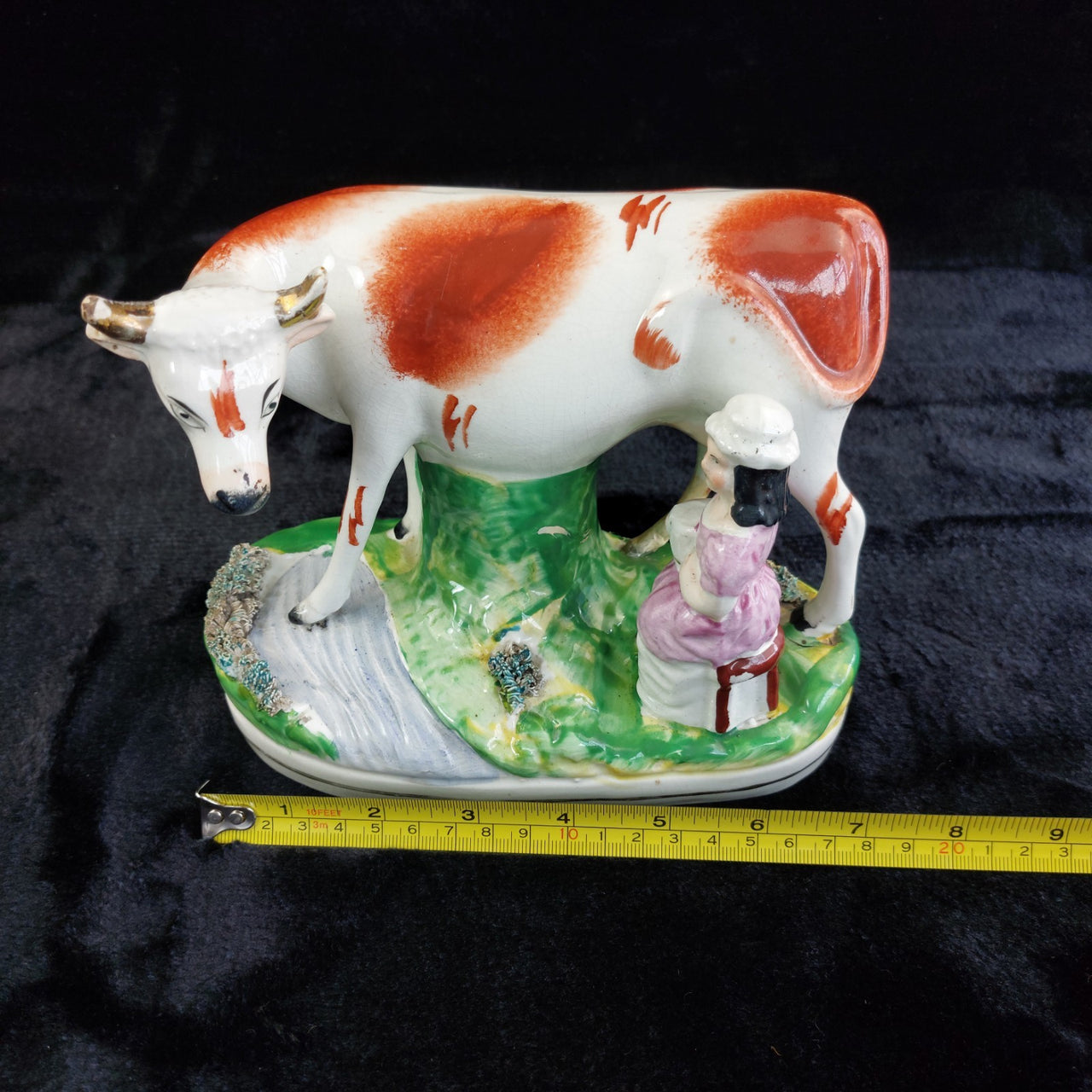 1800s Antique Staffordshire Cow Creamer Figurine 6.5" Milking fireplace decor3