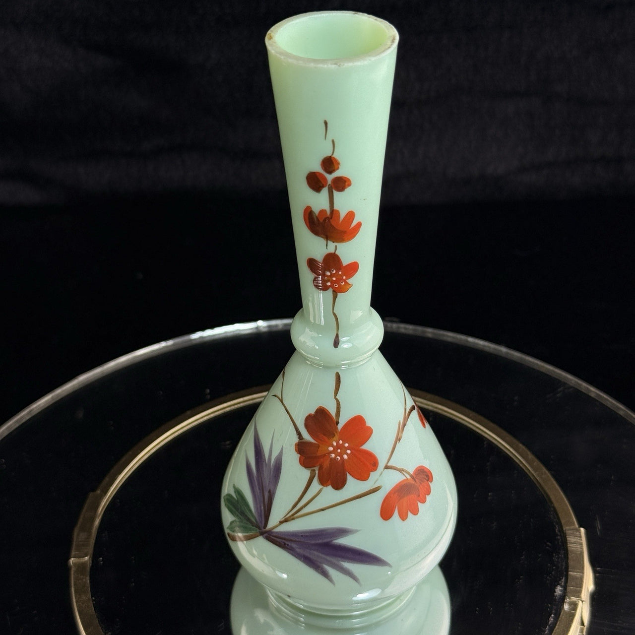 Antique Milk Glass Vase Floral Red Enamel 7” Bud Bottle Style decor see pics4