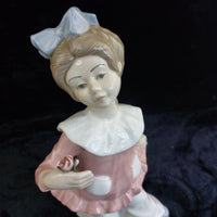 Thumbnail for Lladro Style Girl Figurine, Valencia Spain, Flower, Bow Pink , 12