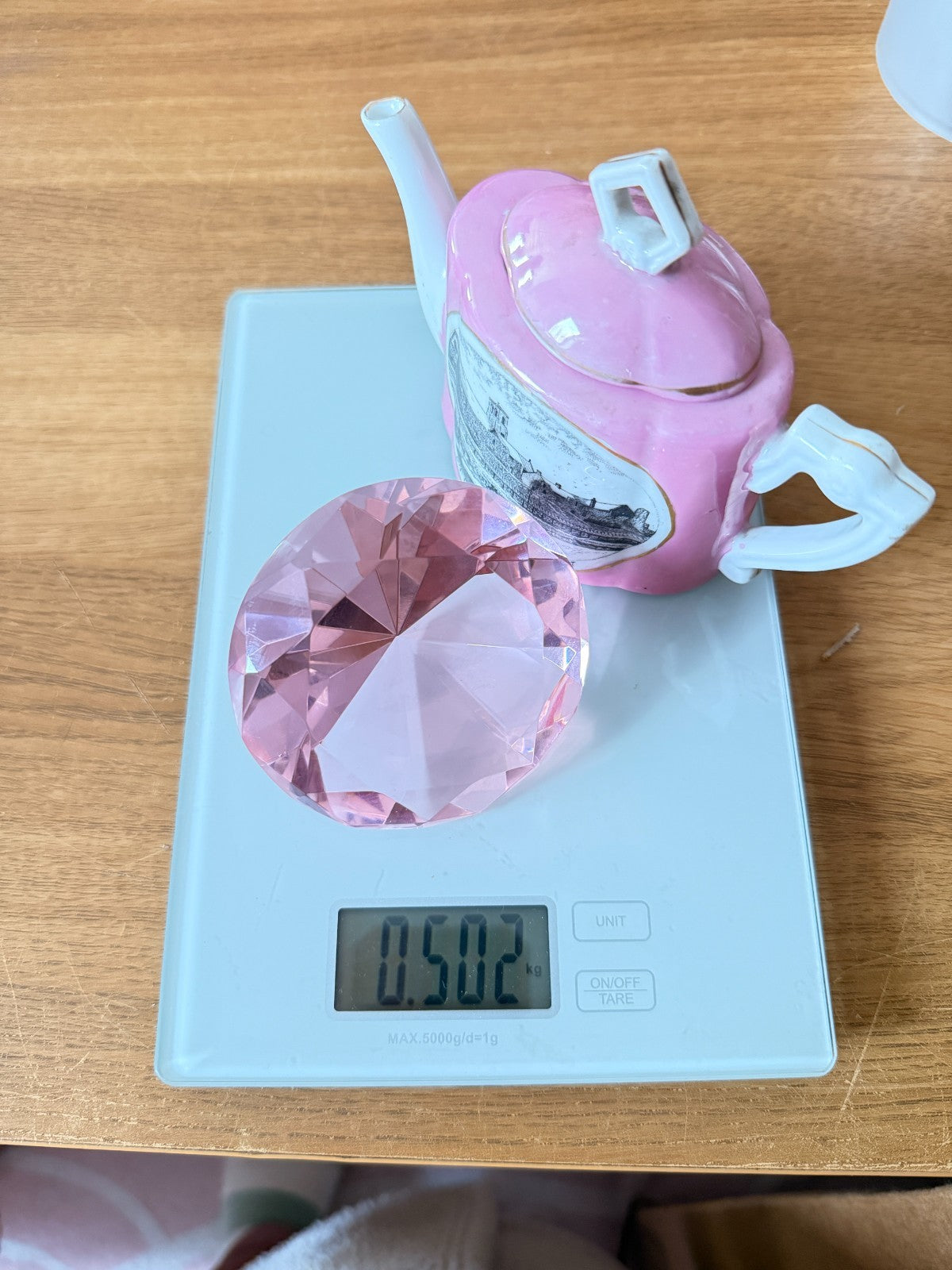 Clear & Pink Collectibles Lot - Miniature Souvenir Teapot & Crystal Diamond Rare10