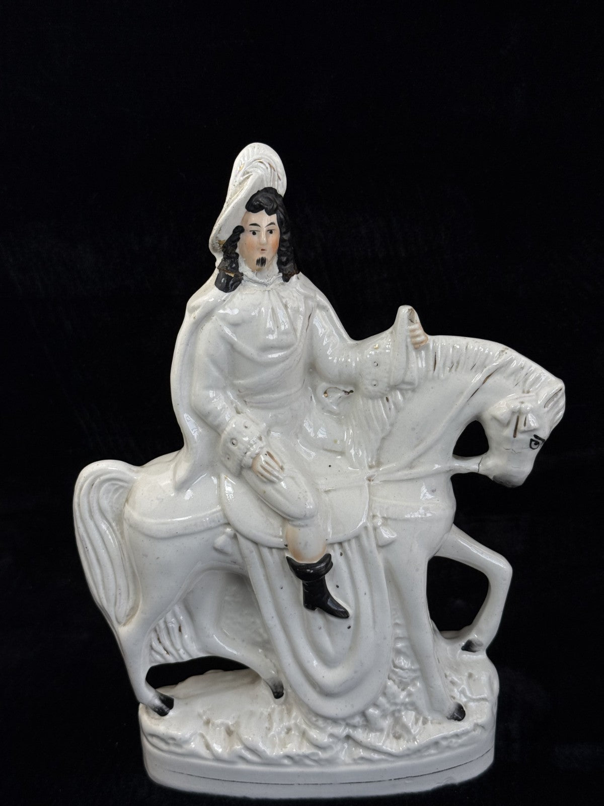 Antique Porcelain Staffordshire Cavalier- Horse Figurine Pair decor see one head2