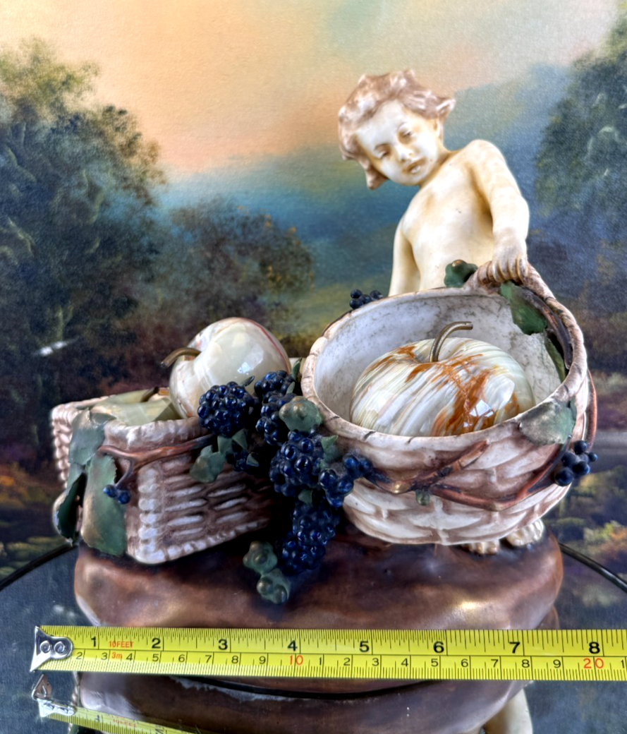 Antique Putti Planter Figurine with Wicker Baskets and Berries - Majolica Style13