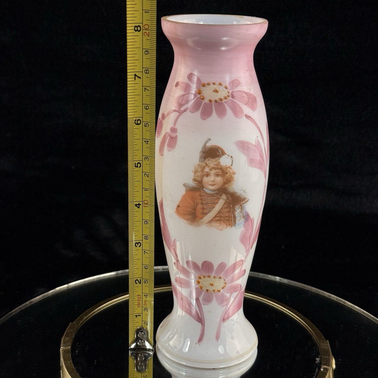 Victorian Pink Milk Glass Vase Portrait Girl Hand Painted Enamel 8” Antique Vase9