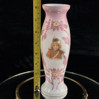 Thumbnail for Victorian Pink Milk Glass Vase Portrait Girl Hand Painted Enamel 8” Antique Vase9