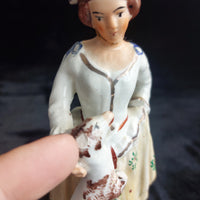 Thumbnail for Staffordshire Figurine Dog Lady Yellow Skirt stamp England repaired head 7.5