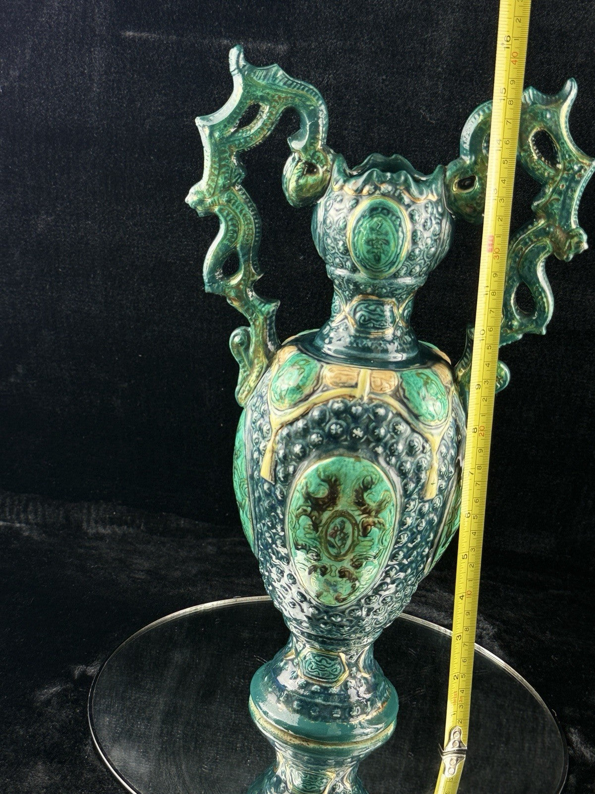 Romano Majolica Style Ornate Green Vase Glazed Ceramic 15” Antique Vase11