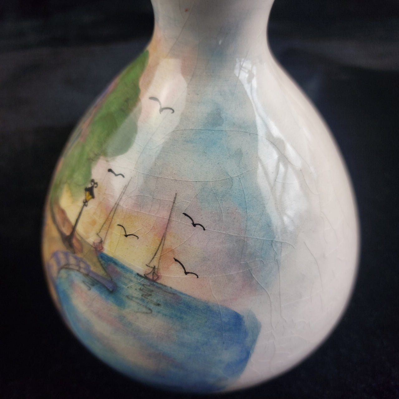 Ceramika Hand Painted Vase Scenic Coastal Art Glazed Good Condition 5.5" Poland.3