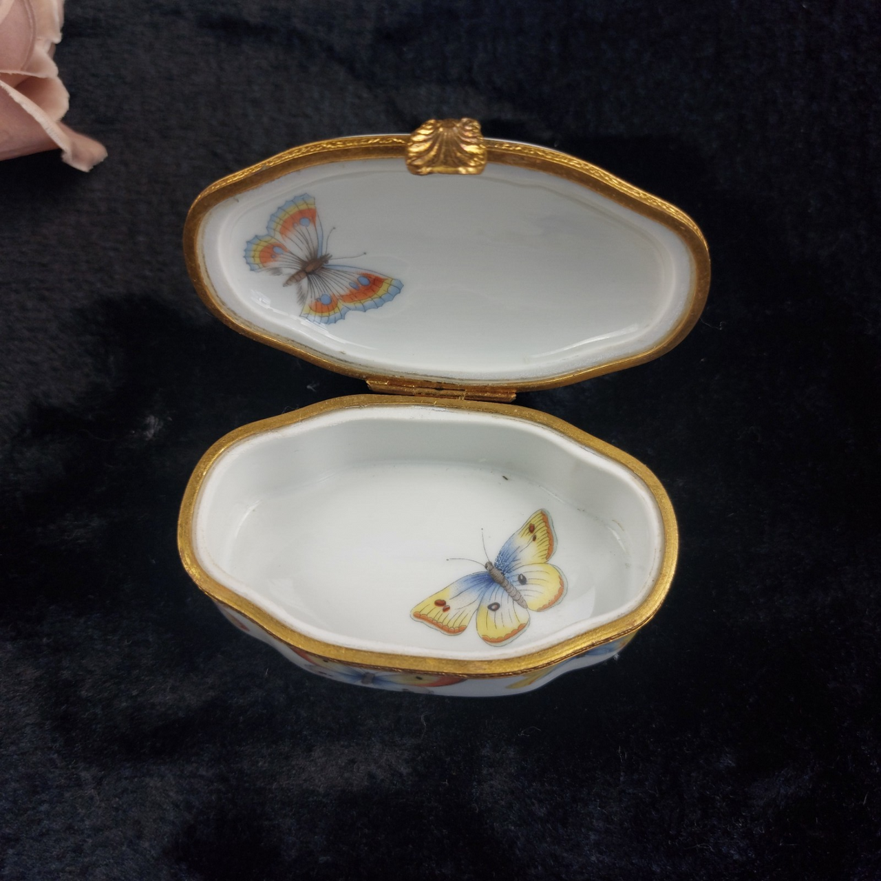 Porcelaine de France Good Butterfly Trinket Box Oval Hinged 4" Hand Painted 3