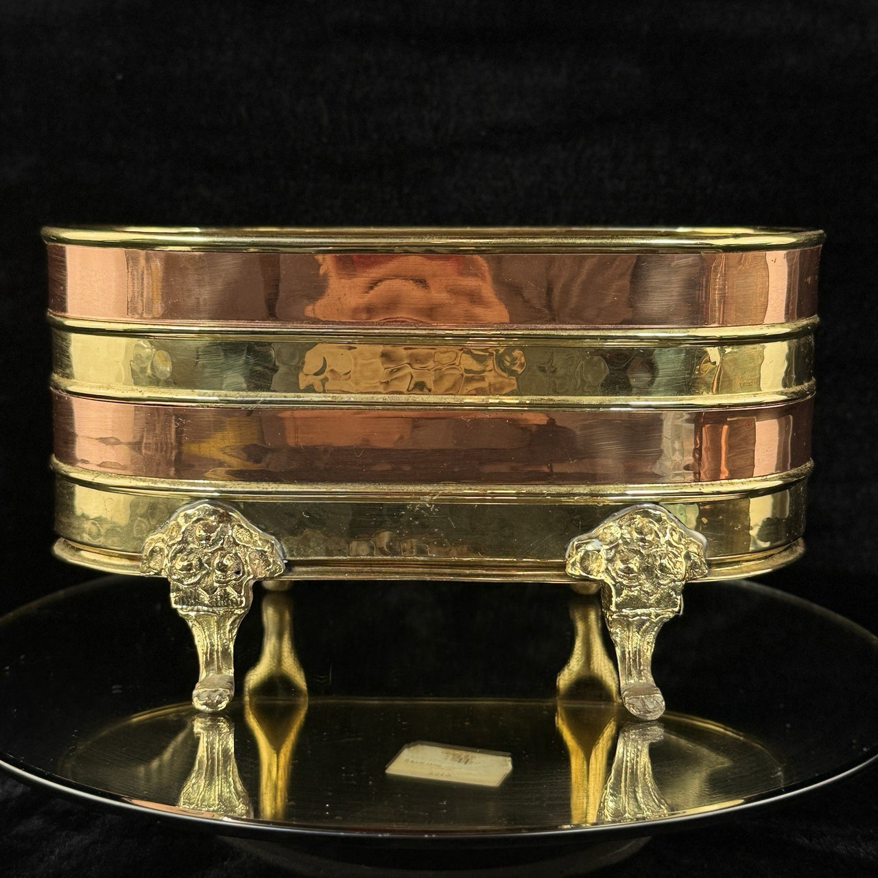Vintage Copper & Brass Planter Jardiniere 9.5” Footed Oval Hammered Floral deco1