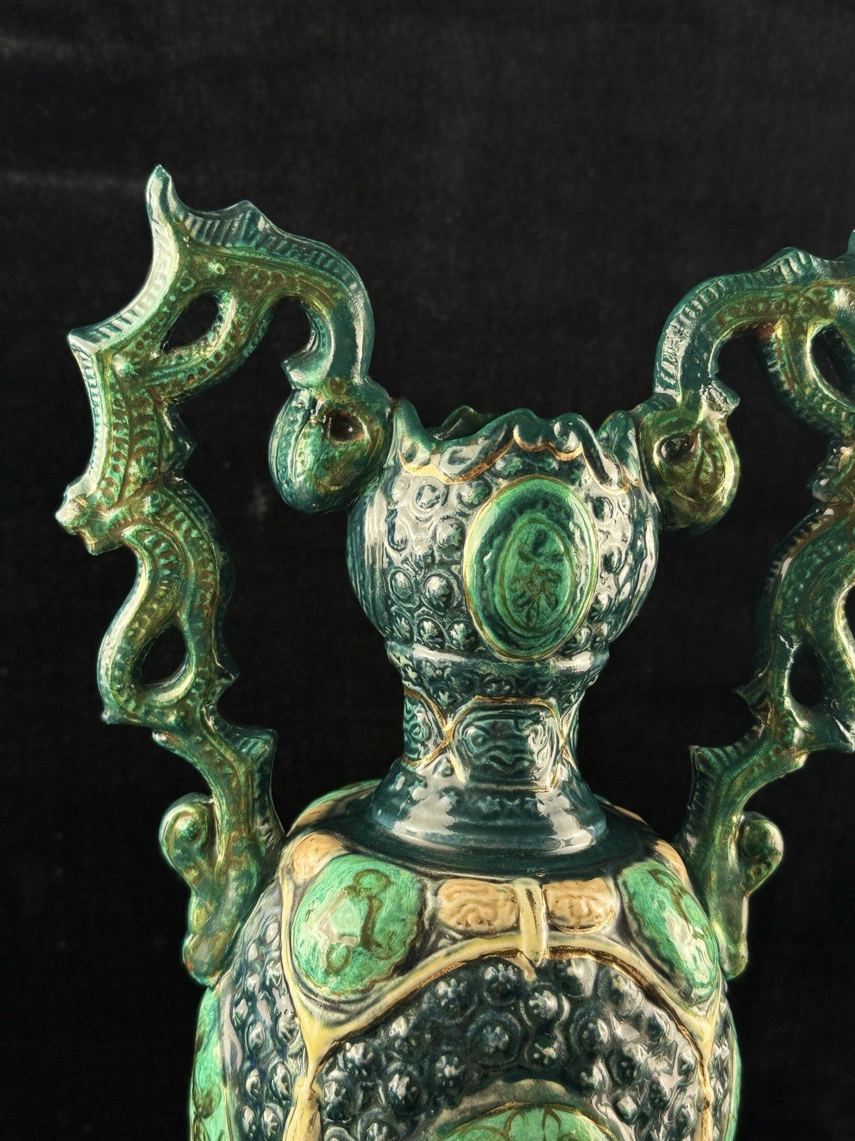 Romano Majolica Style Ornate Green Vase Glazed Ceramic 15” Antique Vase12
