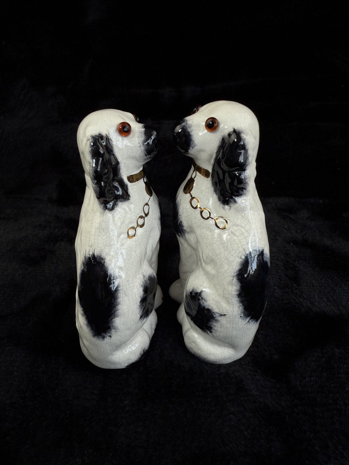 Antique Staffordshire Porcelain Black White Pair King Charles Spaniel Glass eyes9