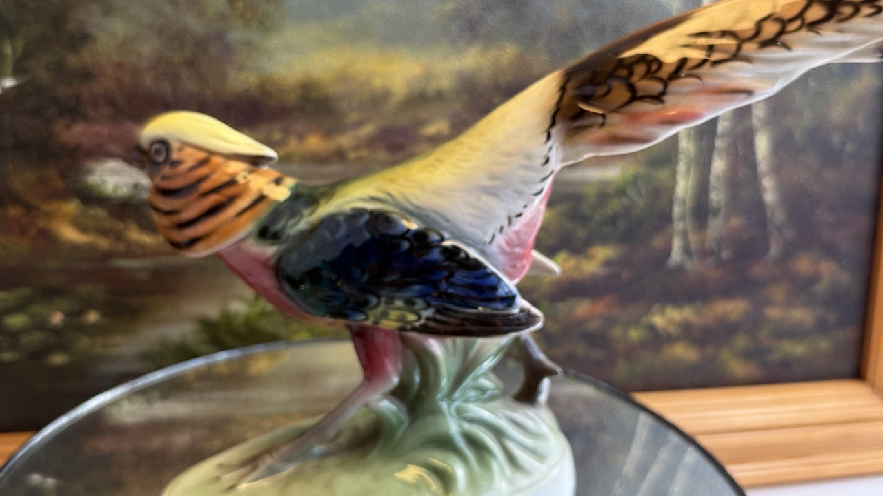 Rare Art Deco Keramos Wien Porcelain Golden Pheasant Figurine - Made in Austria3