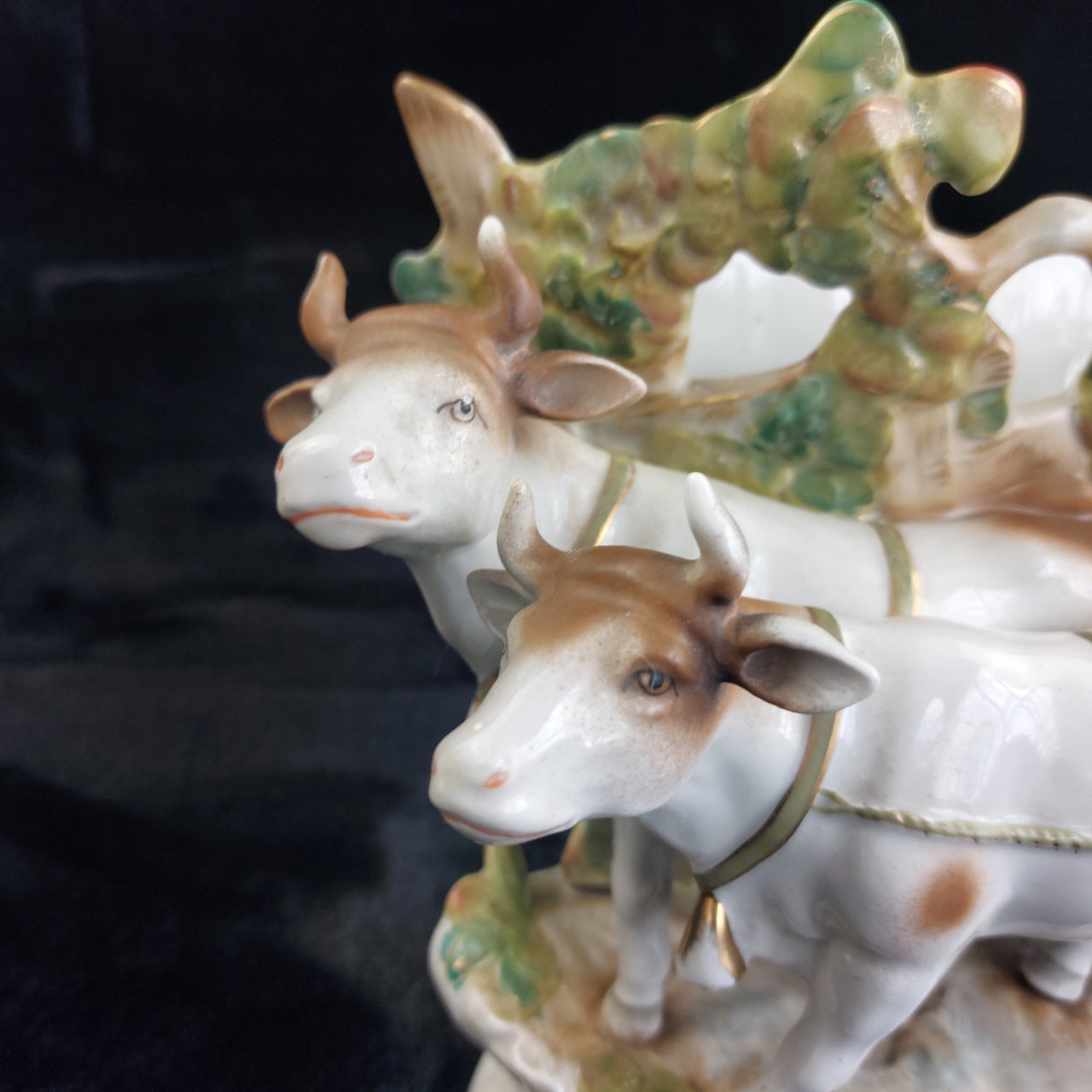 German Antique Porcelain Girl Oxen Cart Planter – Hand Painted 7"x10" 1261g4