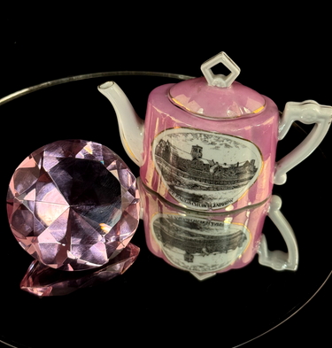 Pink & Clear Collectibles Lot - Miniature Souvenir Teapot & Crystal Diamond Rare1