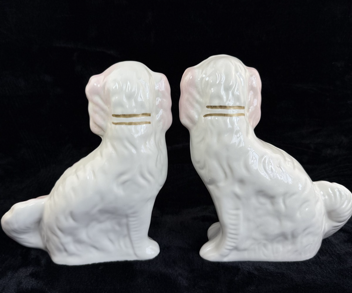 Antique Staffordshire Porcelain Pink and White  Pair King Charles Spaniel decor4