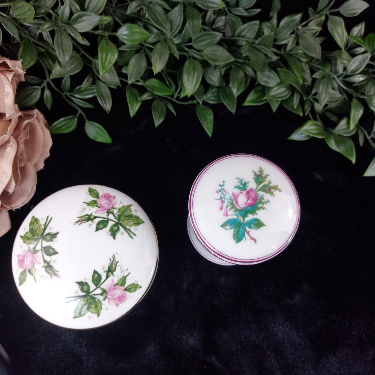 Staffordshire Crown Set Porcelain of 2 Small Canister & Trinket Box Fine China18
