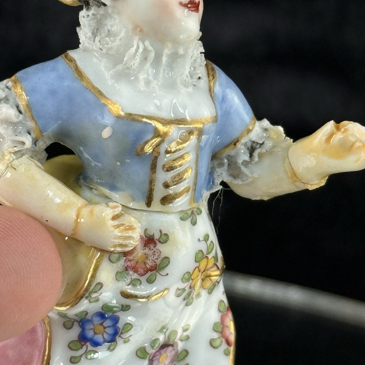 Antique German Dresden Figurine  Porcelain Woman Floral Dress Lace Trim Repaired3