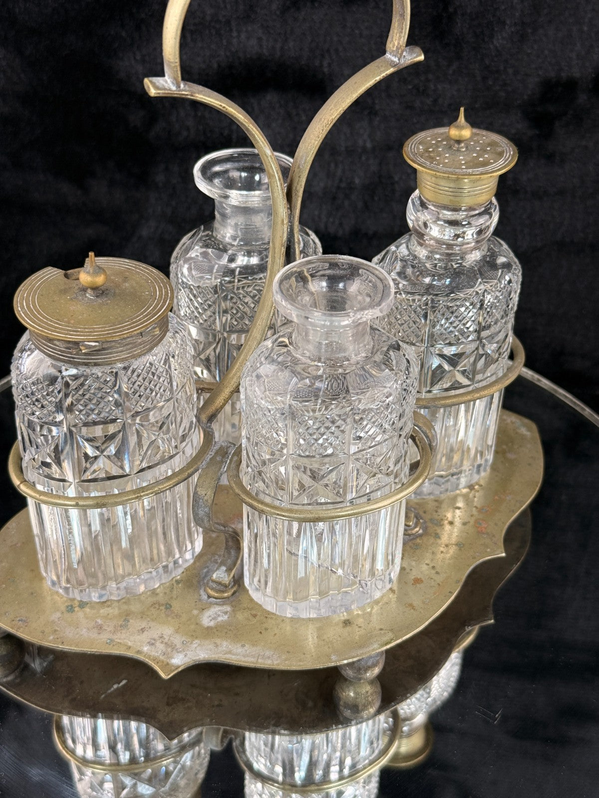 Antique Brass & Cut Glass Cruet Set Four Bottle Table Castor Stand Marked EPNS.7