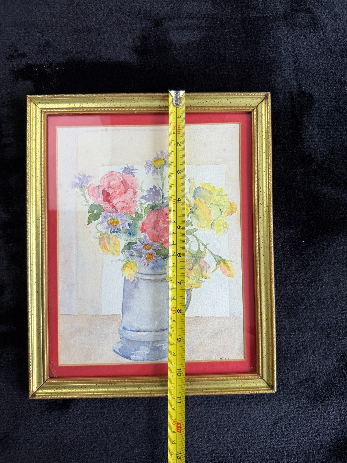 Still Watercolor Life: Roses and Daisies in a Pewter Mug, Signed K.W. Painting6