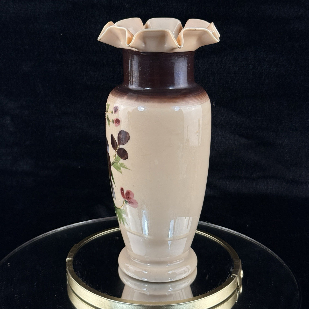 Antique Milk Porcelain Vase HandPainted Floral Bird Design Ruffle Rim 9.5” Tall9