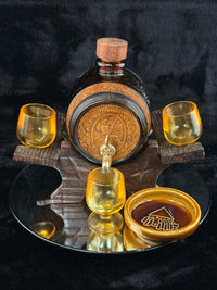 Thumbnail for Vintage Amber Glass Barrel Decanter Set with Tap 3 Glasses Tray & Wood Stand1