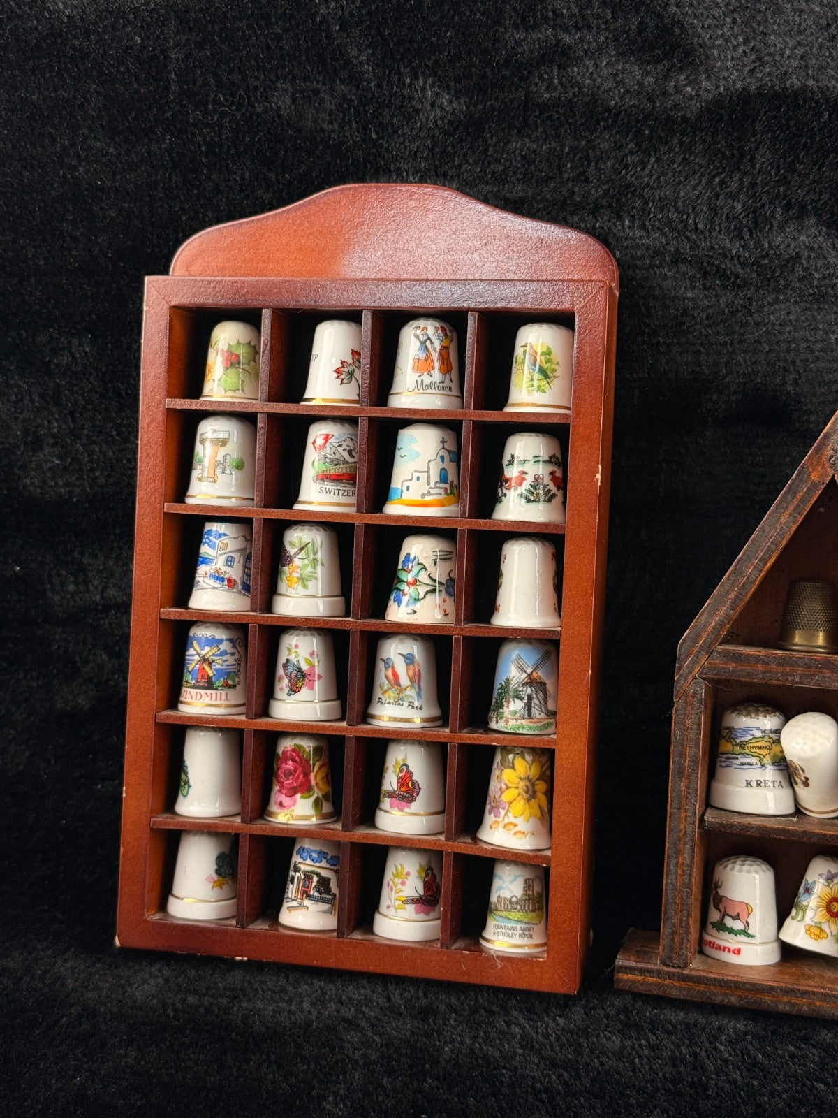 Vintage Thimble Porcelain Collection x40 with 2 Wooden Display Racks Travel Souv4