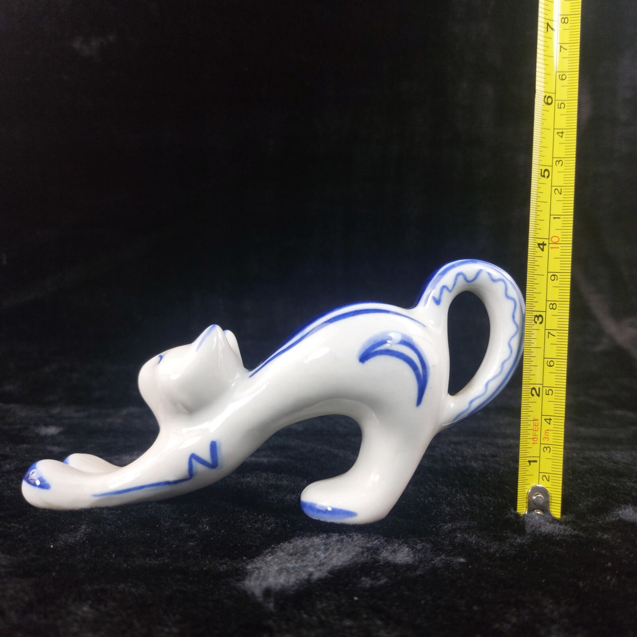 USSR Vintage Cat Figurine Good White Blue Stretching Kitten Russian Porcelain .11