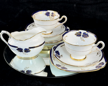 Rare Royal Albert Crown China  1930 Blue Gold Leaf Tea Set Trio x2 & Jug England0