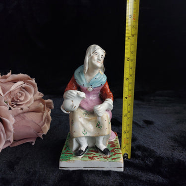 Antique Staffordshire Woman Figurine– bluescarf , holding Teapot bookshelf decor1