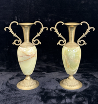 Thumbnail for Pair of Brass & Green Onyx Marble Urn Vases Ornate Handles Decorative 35cm2