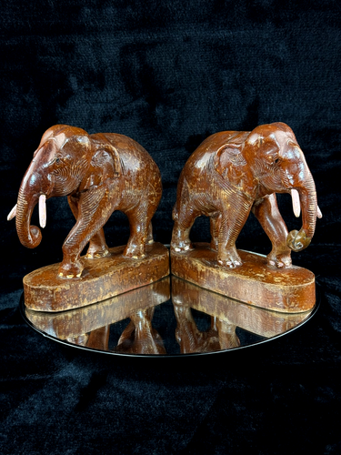 Hand Carved Wooden Elephant Pair – Vintage India Figures with Pink Resin Tusks 70